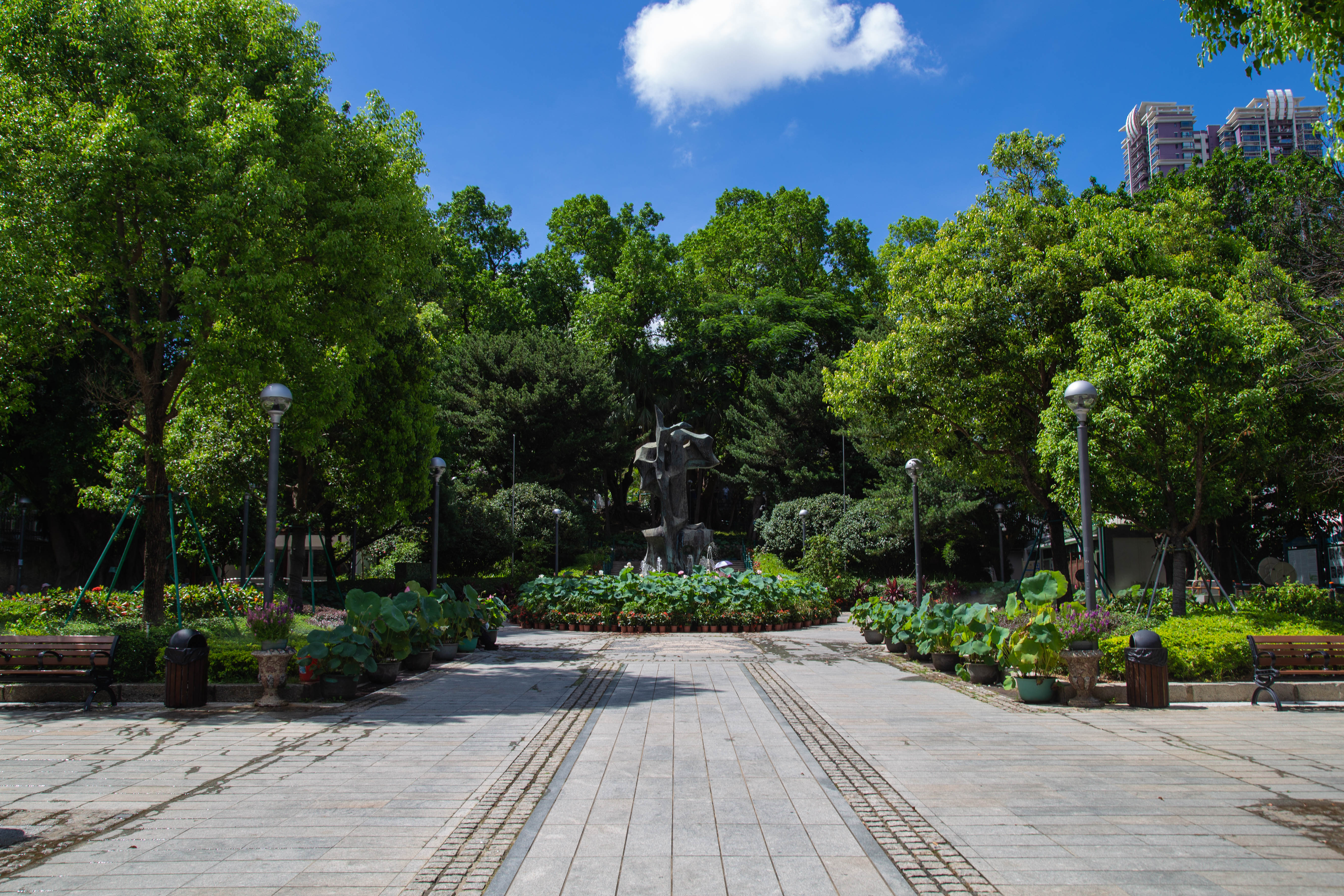 Front view of a statue and the front garden at Camoes Garden